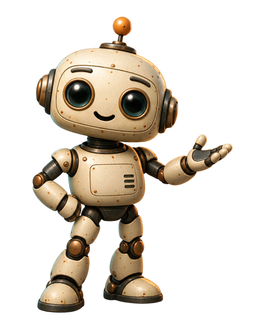 Dusty, the DustyWire robot, standing with one hand on its hip and the other held out
