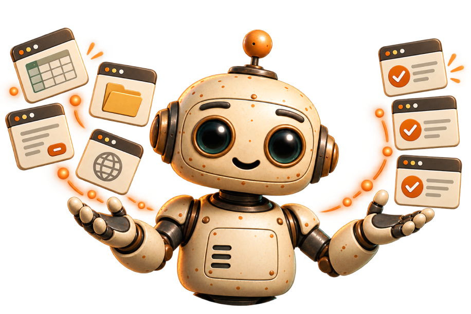 Dusty the robot juggling app windows - a spreadsheet, a folder, a web page - and handing back finished tasks with check marks