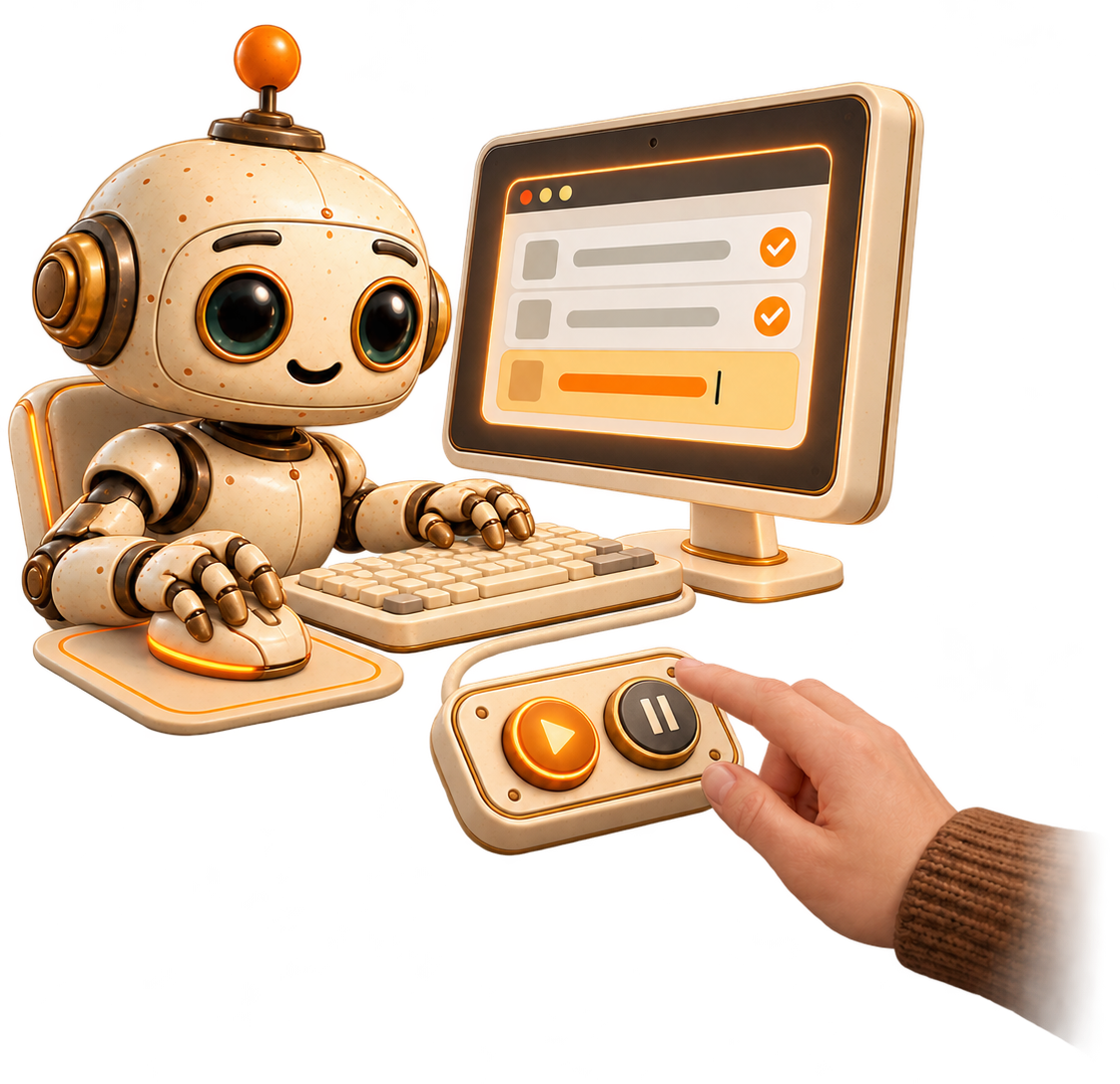 Dusty the robot working at a computer while a person's hand reaches for the play and pause buttons