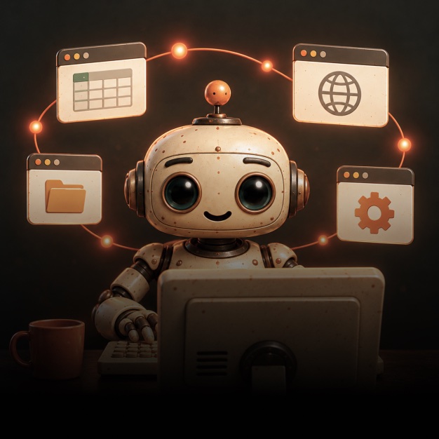 Dusty at a computer, surrounded by a spreadsheet, a folder, a web page and a settings window
