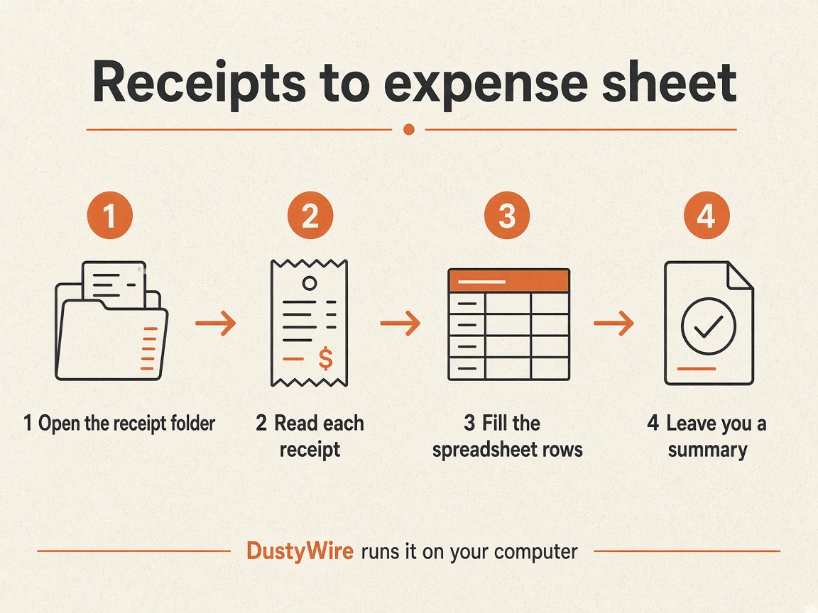 Infographic: Receipts to expense sheet in four steps — open the folder, read each receipt, fill the spreadsheet rows, leave you a summary.